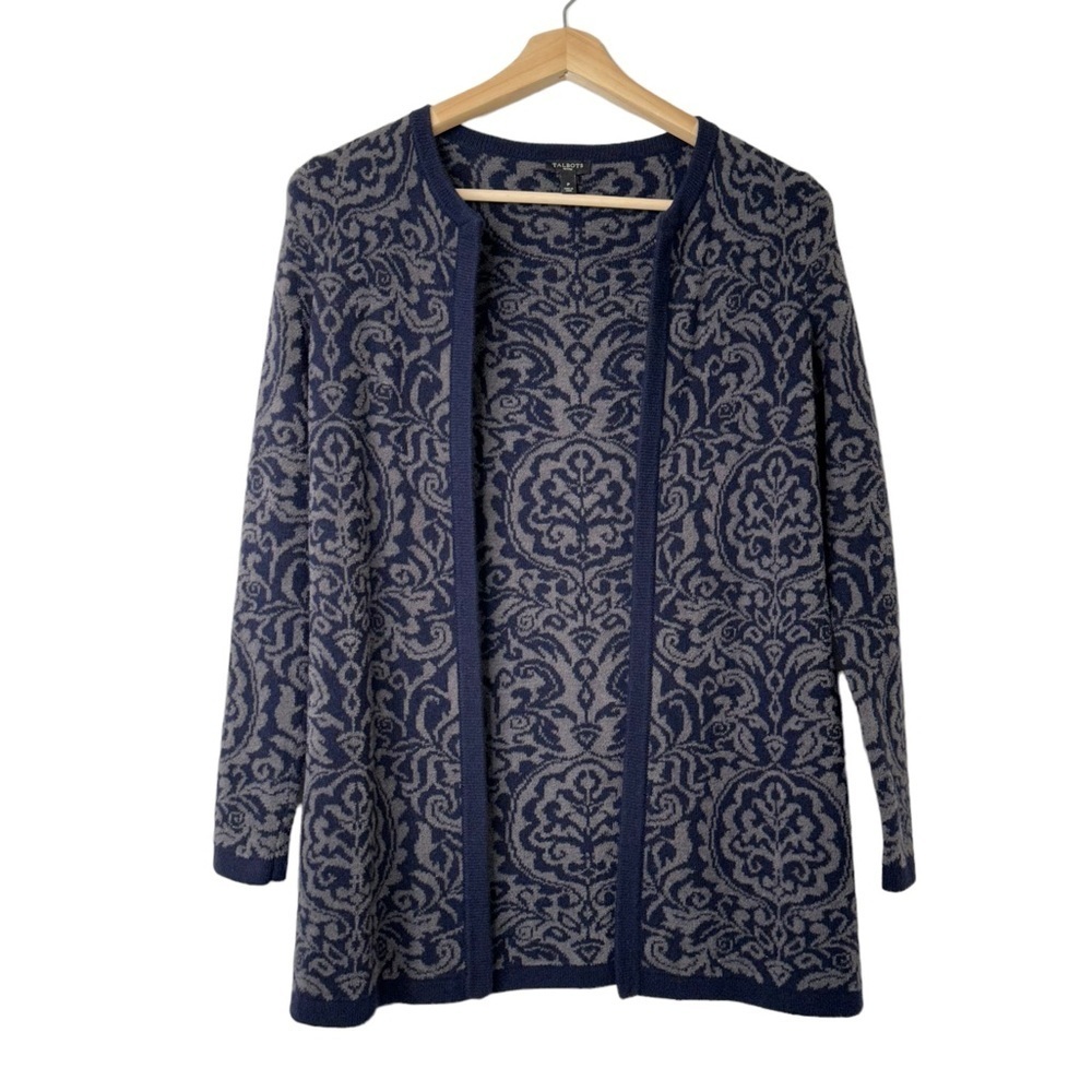Talbots Blue Gray Floral Print Long Open Front Sweater Cashmere Blend Size SP